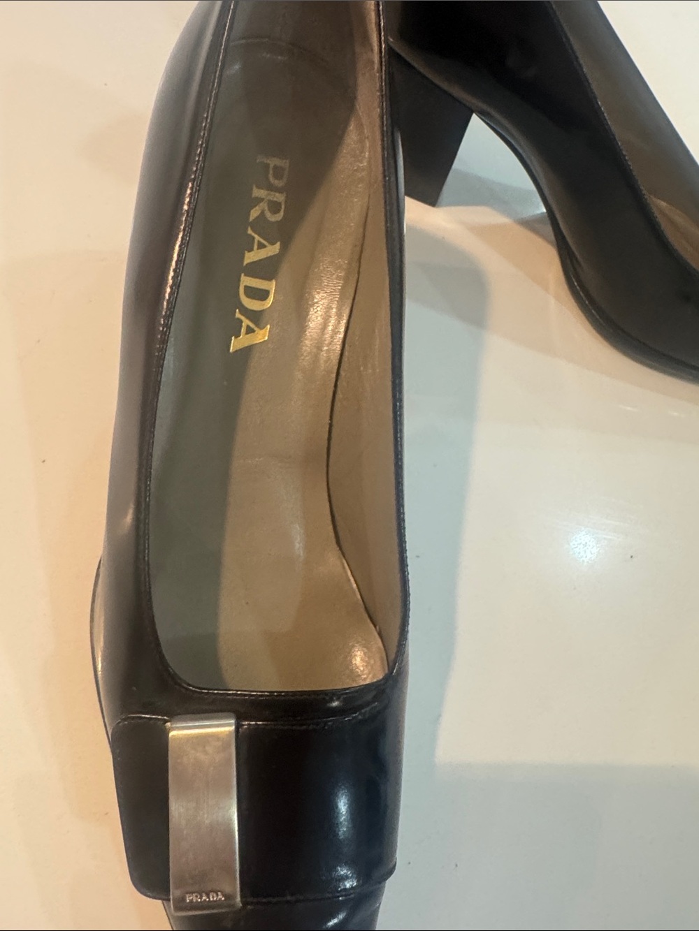 Prada Black Patent Leather Pointed Toe Mid Block Heel Pumps - Picture 5 of 17